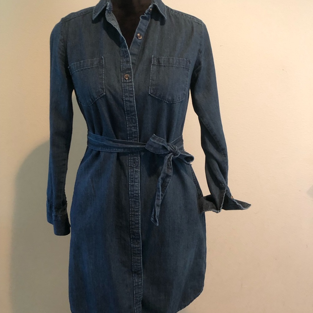 A New Day Blue Long Sleeve Tie Front Shirt Dress